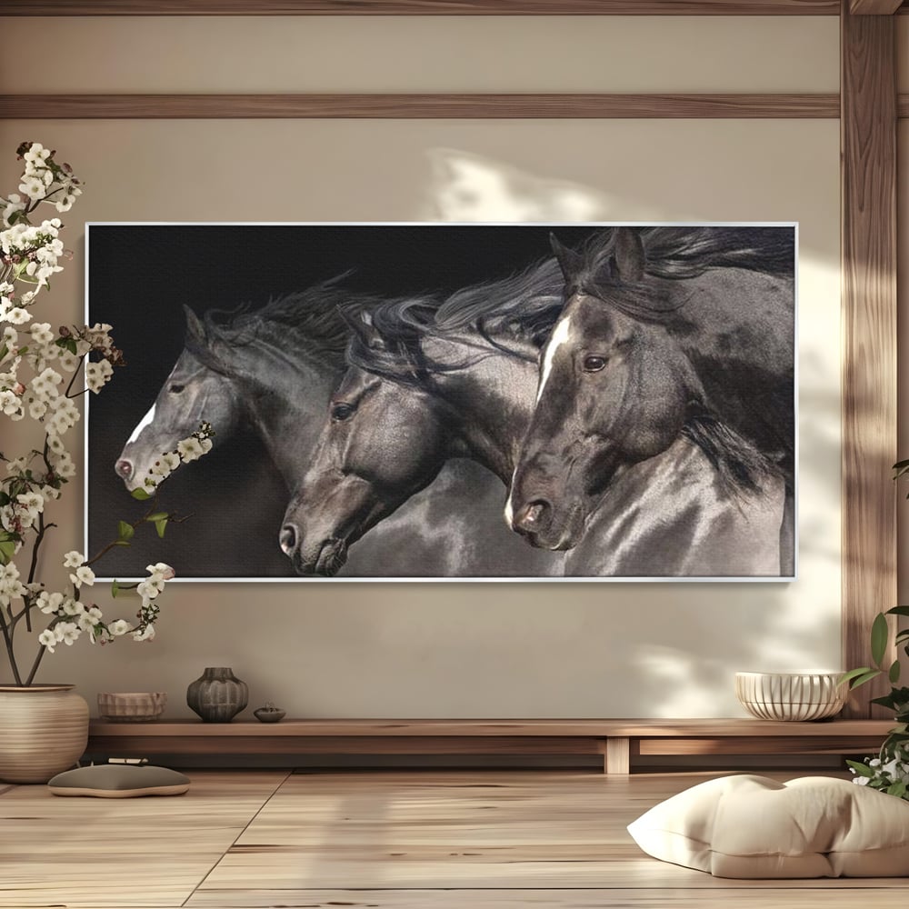 Tablou canvas cu tablou canvas cu trei cai negri in galop, in rama de aluminiu argintiu